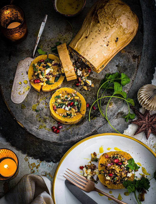 Stuffed Butternut Squash with Quinoa, Cranberries & Pistachios (Vegan)