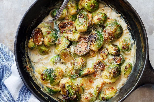 Brussels Sprouts with Cream & Crispy Onions (Vegan Option)
