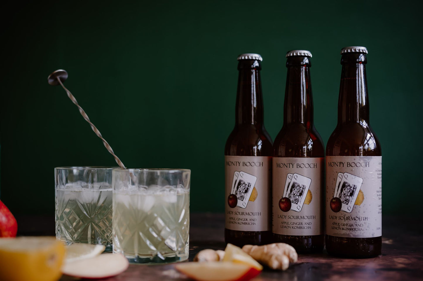 Lady Sourmouth, Apple, Ginger & Lemon Unfiltered, Raw Kombucha 330ml (12 Pack) - Monty Booch