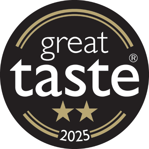 Great Taste 2025 award logo with two gold stars on a black background