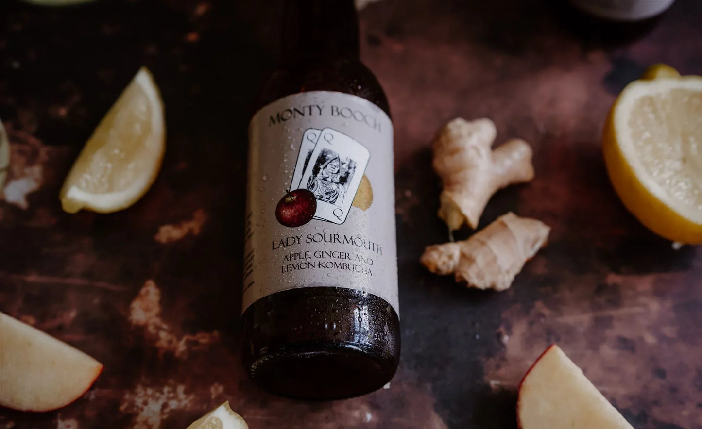 Lady Sourmouth, Apple, Ginger & Lemon Unfiltered, Raw Kombucha 330ml (12 Pack) - Monty Booch