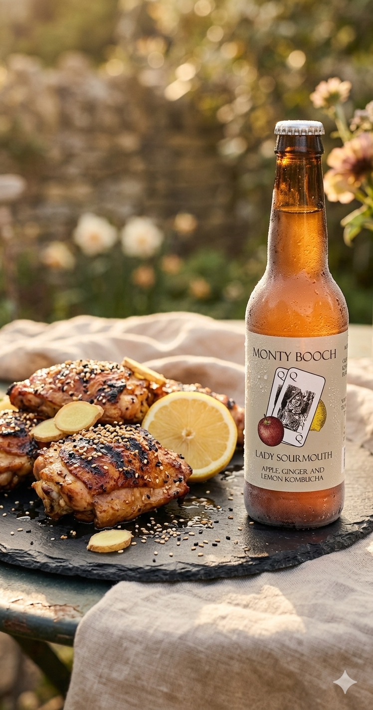 A plate of honey glazed chicken with a bottle of Monty Booch Lady Sourmouth Kombucha